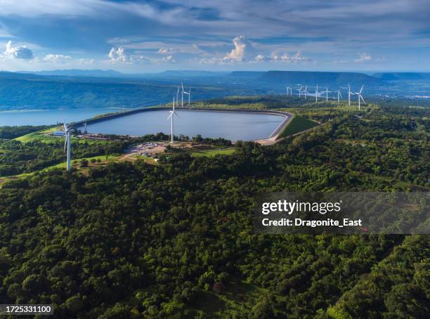 aerial view of wind turbine generator wind power farm of the electricity generating authority of thailand - nakhon ratchasima stock pictures, royalty-free photos & images