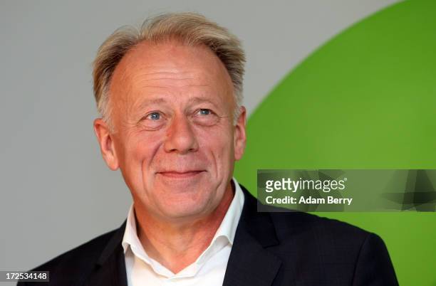 Juergen Trittin, co-leading candidate of the German Green Party for the country's 2013 federal election, stands during the launch of the election...