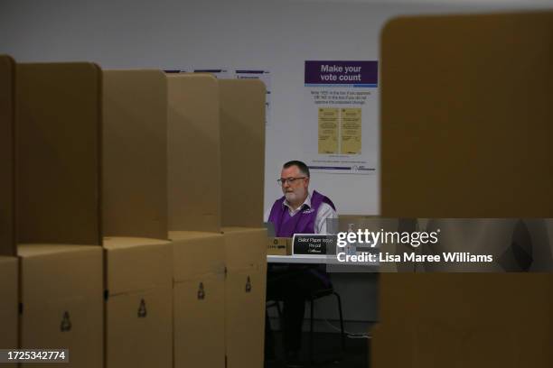 An AEC staff member is seen working at an early polling centre in the central business district on October 09, 2023 in Sydney, Australia. A...