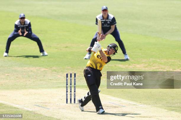 Arcy Short of Western Australia hits a six into the Lillee - Marsh stand during the Marsh One Day Cup match between Western Australia and Victoria at...