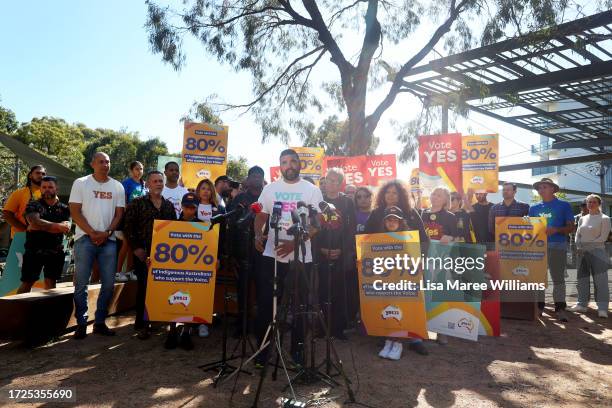 Yes23 spokesperson Dean Parkin ospeaks during a campaign event at the Redfern Community Centre on October 09, 2023 in Sydney, Australia. A referendum...