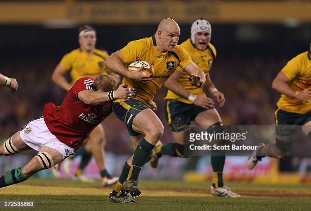 Stephen Moore of the Wallabies runs with the ball during game two of the International Test Series between the Australian Wallabies and the British &...