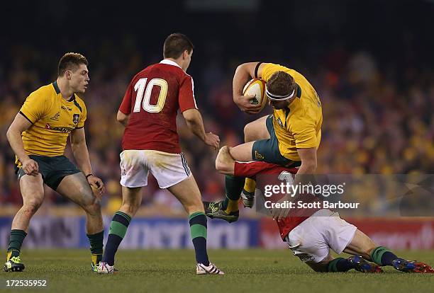 James Slipper of the Wallabies is tackled during game two of the International Test Series between the Australian Wallabies and the British & Irish...