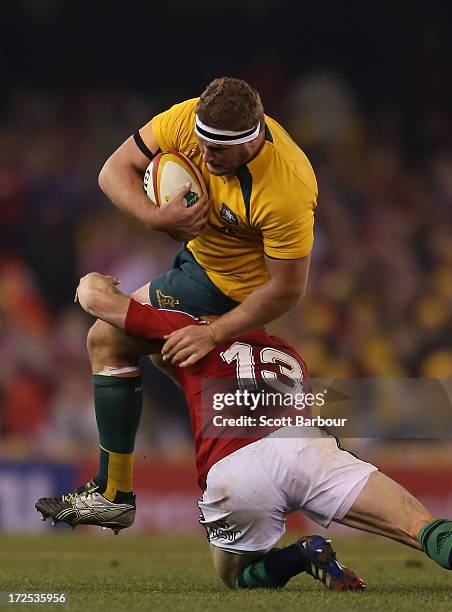 James Slipper of the Wallabies is tackled during game two of the International Test Series between the Australian Wallabies and the British & Irish...