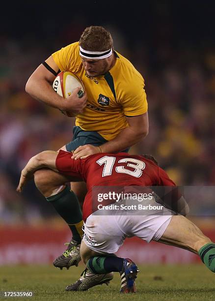 James Slipper of the Wallabies is tackled during game two of the International Test Series between the Australian Wallabies and the British & Irish...