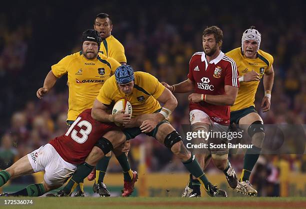 James Horwill of the Wallabies is tackled during game two of the International Test Series between the Australian Wallabies and the British & Irish...