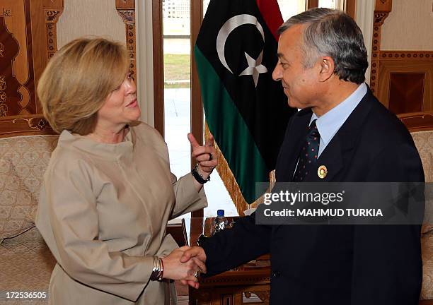 Libya General National congress president Nouri Bousahmein meets with newly-appointed US ambassador to Tripoli Deborah Jones on July 3, 2013 in...