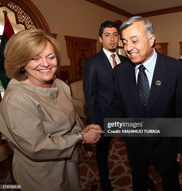 Libya General National congress president Nouri Bousahmein meets with newly-appointed US ambassador to Tripoli Deborah Jones on July 3 in Tripoli....