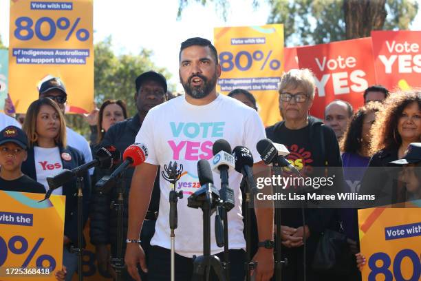 Yes23 spokesperson Dean Parkin speaks during a campaign event at the Redfern Community Centre on October 09, 2023 in Sydney, Australia. A referendum...