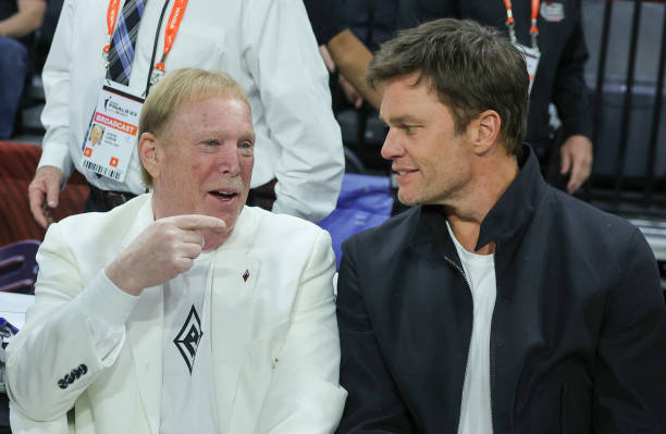 Las Vegas Raiders owner and managing general partner and Las Vegas Aces owner Mark Davis and Tom Brady attend Game One of the 2023 WNBA Playoffs...