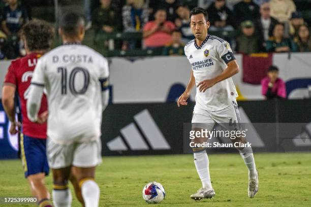 Maya Yoshida of Los Angeles Galaxy controls the ball during the game against Real Salt Lake at Dignity Health Sports Park on October 14, 2023 in Los...