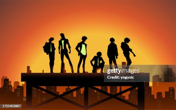 vector anime boys silhouette in a cyberpunk city stock illustration - sunset society stock illustrations