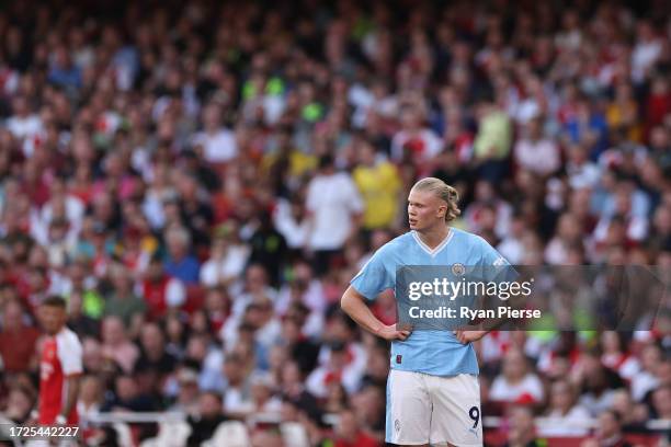 Erling Haaland of Manchester City looks on during the Premier League match between Arsenal FC and Manchester City at Emirates Stadium on October 08,...