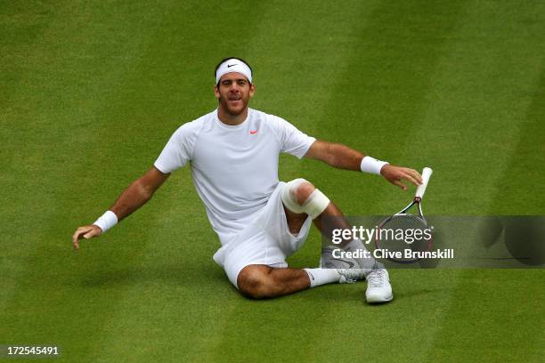 Juan Martin Del Potro of Argentina celebrates match point during the Gentlemen's Singles quarter-final match against David Ferrer of Spain on day...