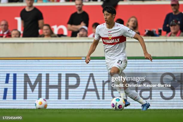 Hiroki Ito of VfB Stuttgart in action during the Bundesliga match between VfB Stuttgart and VfL Wolfsburg at MHPArena on October 07, 2023 in...