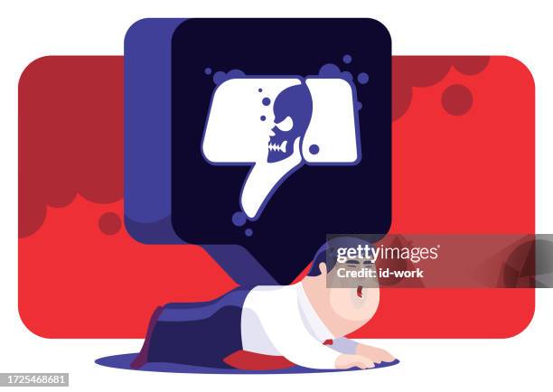 businessman lying on front and trapped by skull thumbs down icon - bad luck icon stock illustrations