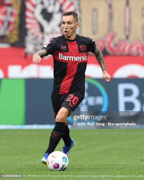 Alex Grimaldo of Bayer 04 Leverkusen plays the ball during the Bundesliga match between Bayer 04 Leverkusen and 1. FC Köln at BayArena on October 8,...