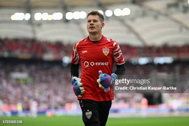 Alexander Nuebel of VfB Stuttgart reacts during the Bundesliga match between VfB Stuttgart and VfL Wolfsburg at MHPArena on October 07, 2023 in...