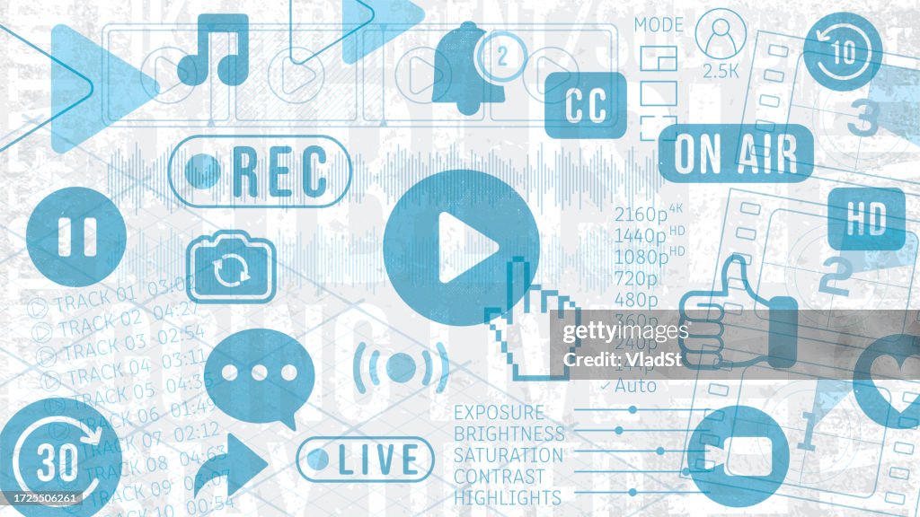 Vlogger Live Streaming Content Creator Video Editing Icons on Grunge Background