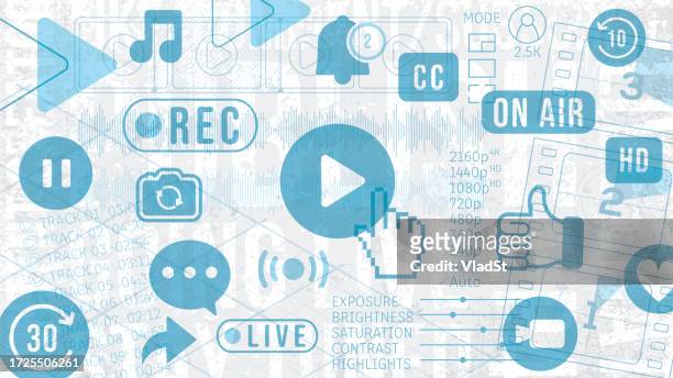 vlogger live streaming content creator video editing icons on grunge background - streaming service stock illustrations