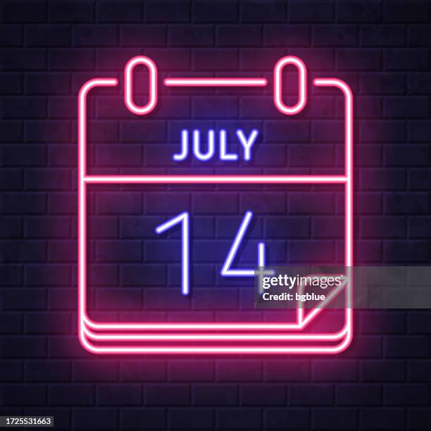 july 14. glowing neon icon on brick wall background - night time routine stock illustrations