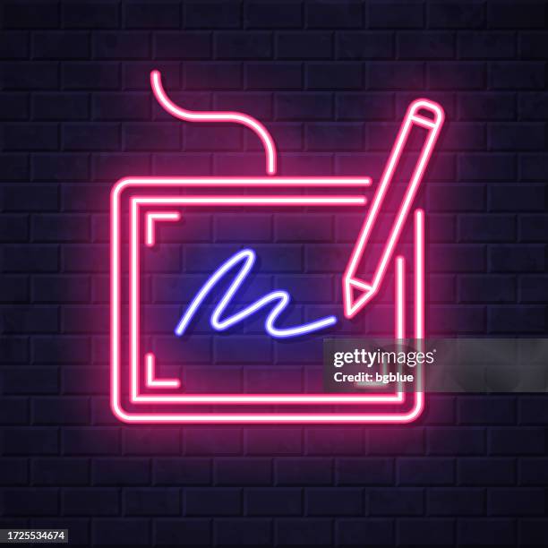 electronic signature. glowing neon icon on brick wall background - ipad screen night stock illustrations