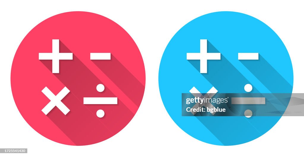 Mathematical symbols. Round icon with long shadow on red or blue background