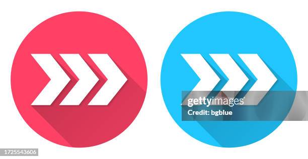 triple chevrons pointing right. round icon with long shadow on red or blue background - chevron icon stock illustrations