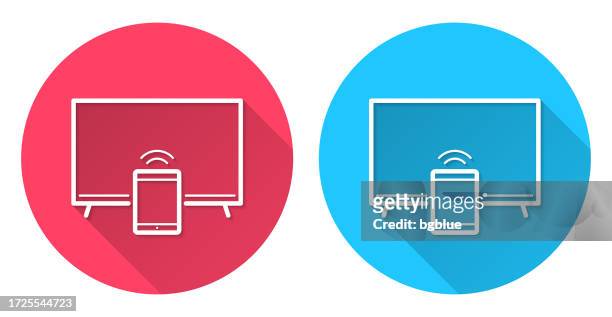 tv with tablet pc. round icon with long shadow on red or blue background - transfer image stock illustrations