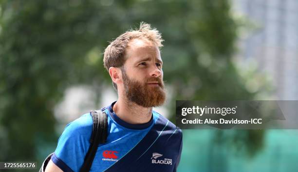 Kane Williamson of New Zealand arrives ahead of the ICC Men's Cricket World Cup India 2023 between New Zealand and Netherlands at Rajiv Gandhi...