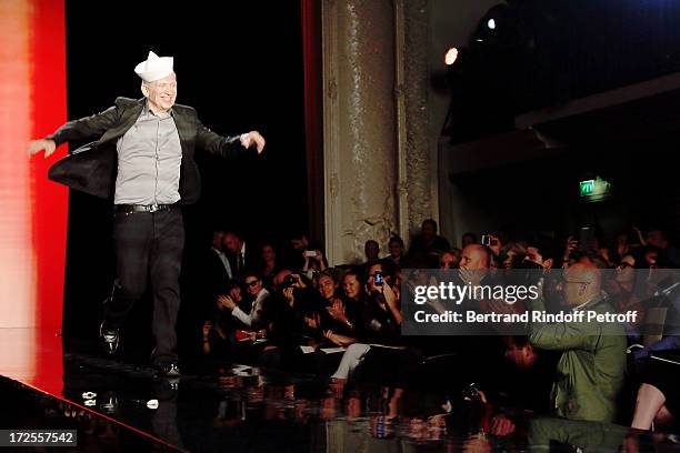 Fashion designer Jean-Paul Gaultier walks on the runway at the end of the Jean Paul Gaultier show as part of Paris Fashion Week Haute-Couture...