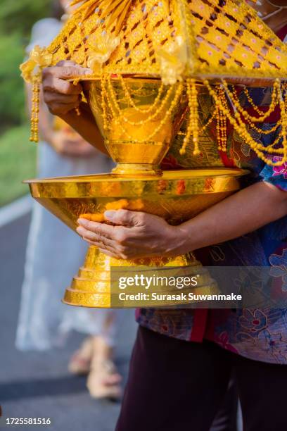 men take part in the ceremony of cutting their naga hair, wearing lotus leaves and being ordained as monks in thailand - initiation ceremony stock pictures, royalty-free photos & images