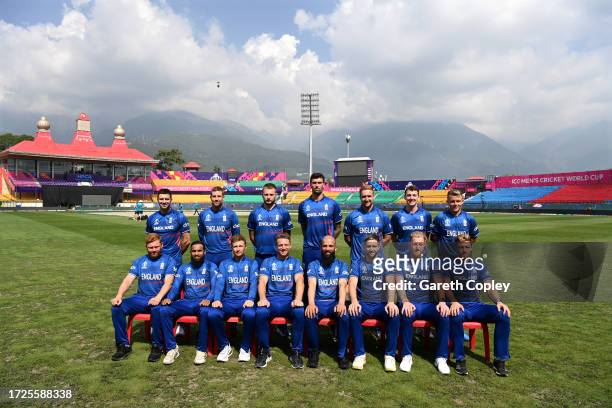 The England team at Himachal Pradesh Cricket Association Stadium on October 09, 2023 in Dharamsala, India.