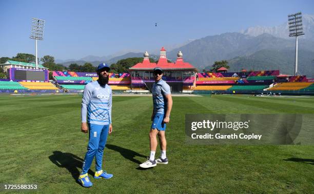 England captain Jos Buttler and Moeen Ali during a nets session at Himachal Pradesh Cricket Association Stadium on October 09, 2023 in Dharamsala,...