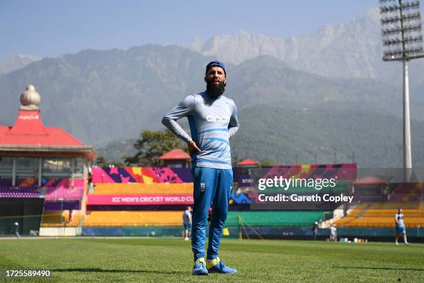 Moeen Ali of England during a nets session at Himachal Pradesh Cricket Association Stadium on October 09, 2023 in Dharamsala, India.