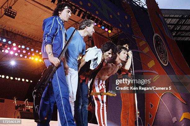 The Rolling Stones are photographed on stage at Wembley Stadium on June 25-26, 1982 in London, England. CREDIT MUST READ: Ken Regan/Camera 5 via...