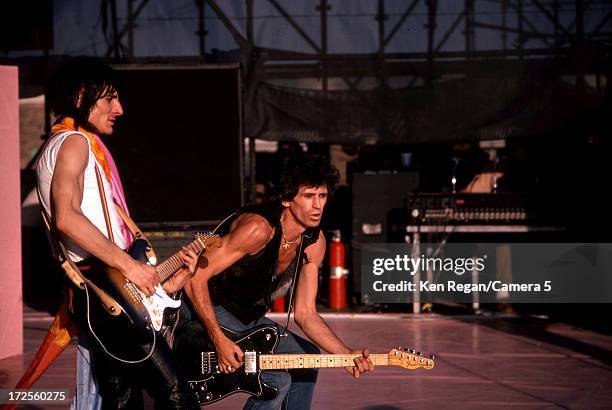 Ron Wood and Keith Richards of the Rolling Stones are photographed on stage at Wembley Stadium on June 25-26, 1982 in London, England. CREDIT MUST...
