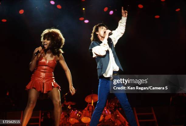 Mick Jagger of the Rolling Stones and Tina Turner are photographed on stage at the Tokyo Dome on March 23, 1988 in Tokyo, Japan. CREDIT MUST READ:...