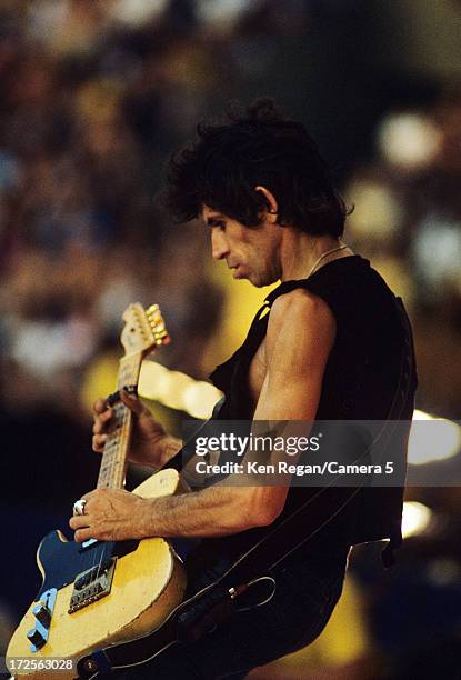 Keith Richards of the Rolling Stones is photographed on stage in the 1980's. CREDIT MUST READ: Ken Regan/Camera 5 via Contour by Getty Images.