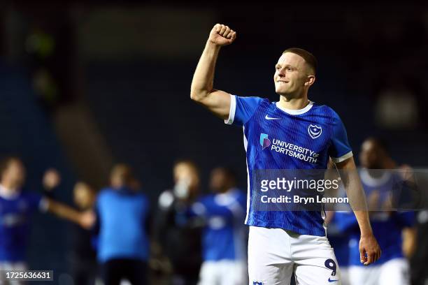 Colby Bishop of Portsmouth acknowledges fans after the Sky Bet League One match between Portsmouth and Wycombe Wanderers at Fratton Park on October...