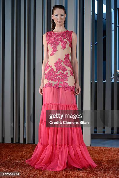 Model poses the runway at Simone Anes & Stephan Pelger Show during Mercedes-Benz Fashion Week Spring/Summer 2014 on July 3, 2013 in Berlin, Germany.