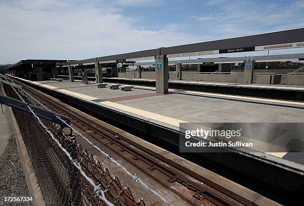 Passenger platform is seen vacant at the Bay Area Rapid Transit Daly City station on July 3, 2013 in Daly City, California. For a third day, hundreds...