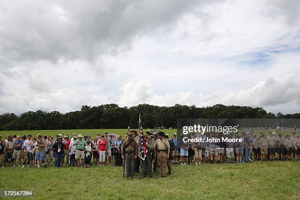 Thousands of people take part in a re-enactment of Pickett's Charge on the 150th anniversary of the historic Battle of Gettysburg on July 3, 2013 in...