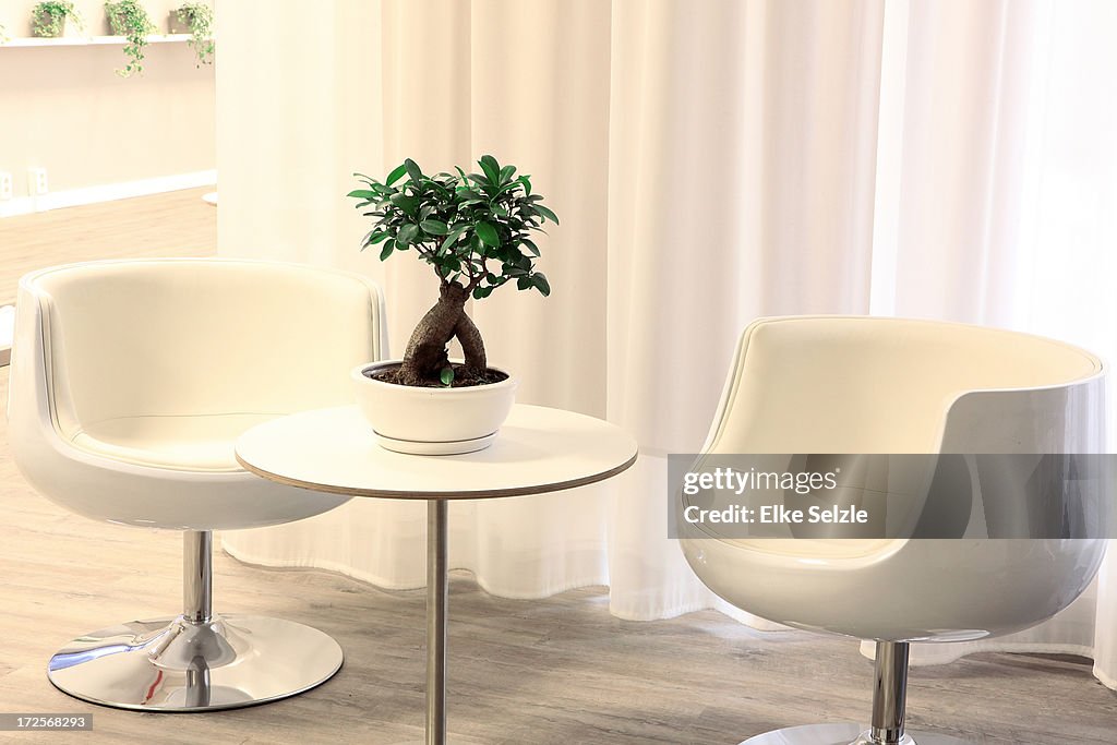 Cafe table and chairs in spa reception room