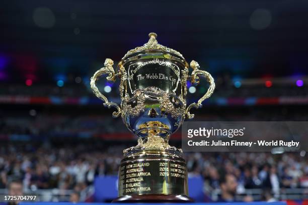 The Webb Ellis Trophy is seen during the Rugby World Cup France 2023 match between Ireland and Scotland at Stade de France on October 07, 2023 in...
