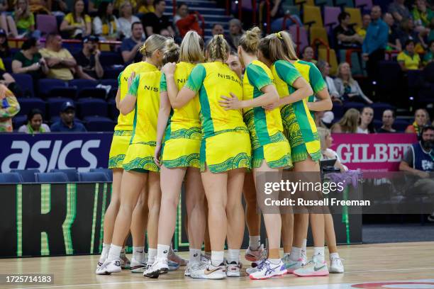 Australia players huddle prior to the game two of the 2023 Constellation Cup series between Australia Diamonds and New Zealand Silver Ferns at...