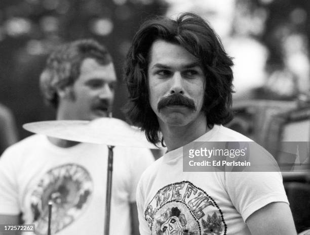 Drummers Bill Kreutzmann and Mickey Hart perform with The Grateful Dead at a free concert in Golden Gate Park in September 1975 in San Francisco,...