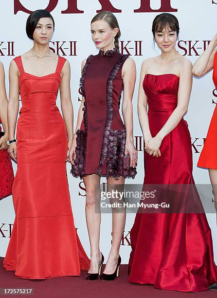 Actors Tang Wei, Kate Bosworth and Lim Soo-Jung pose for the photogrpahs during the SK-II Honoring The Spirit Of Discovery event at the Raum on July...