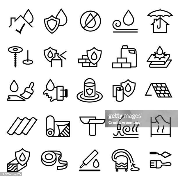 ilustraciones, imágenes clip art, dibujos animados e iconos de stock de iconos de productos para techos, impermeabilización e impermeabilización - membrana