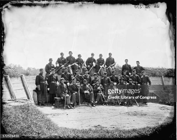 Officers of 50th Pennsylvania Infantry, a regiment of the Union Army, at Gettysburg, Pennsylvania, during the American Civil War, July 1865....
